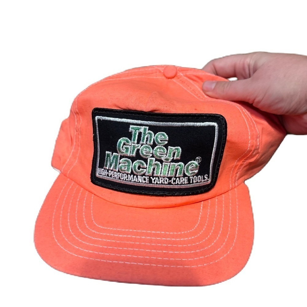 Vintage Green Machine Patch Trucker Snapback Hat Tools Mower Saw Tractor Peach